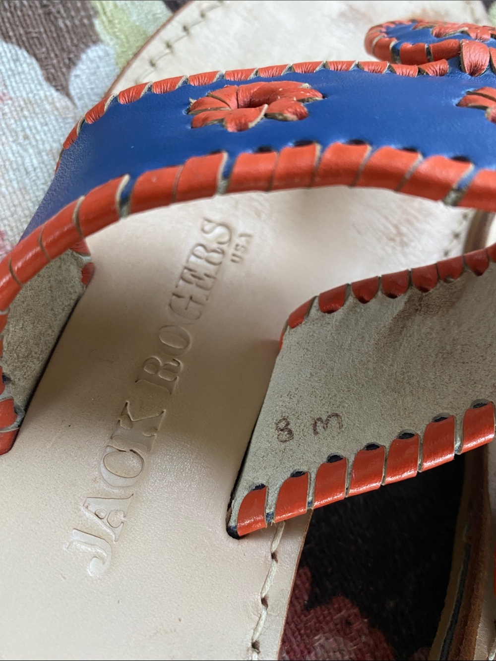 Jack Rogers Blue Leather Slide Sandals with Orange Whipstitch - Picture 2 of 4